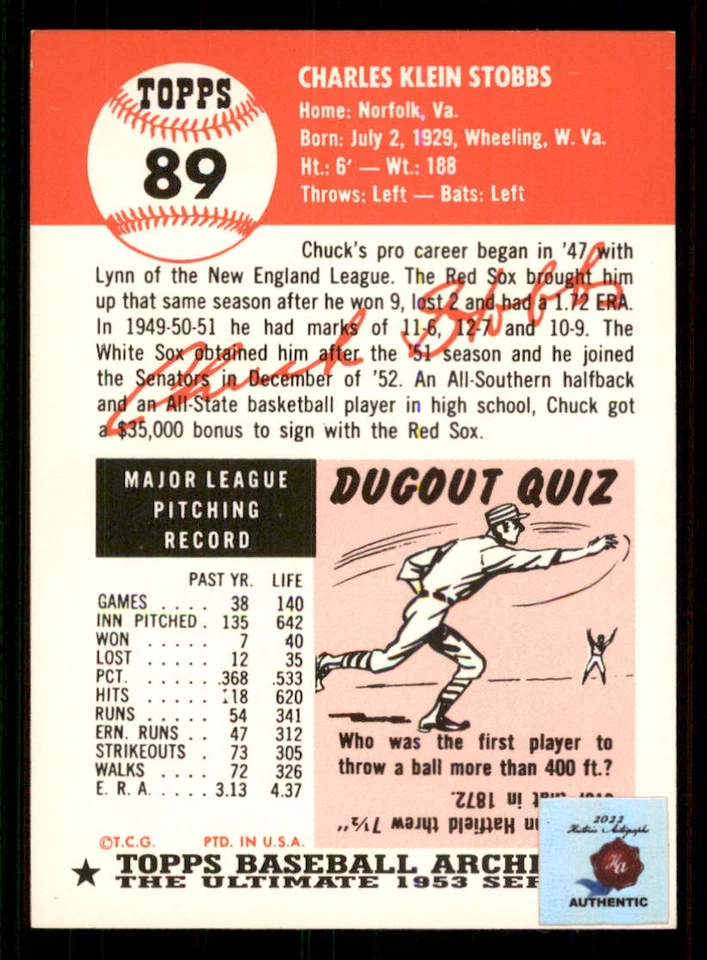 2022 Retrographs Auto - 1991 Topps Archives '53 #89 Chuck Stobbs - Image 2 of 2