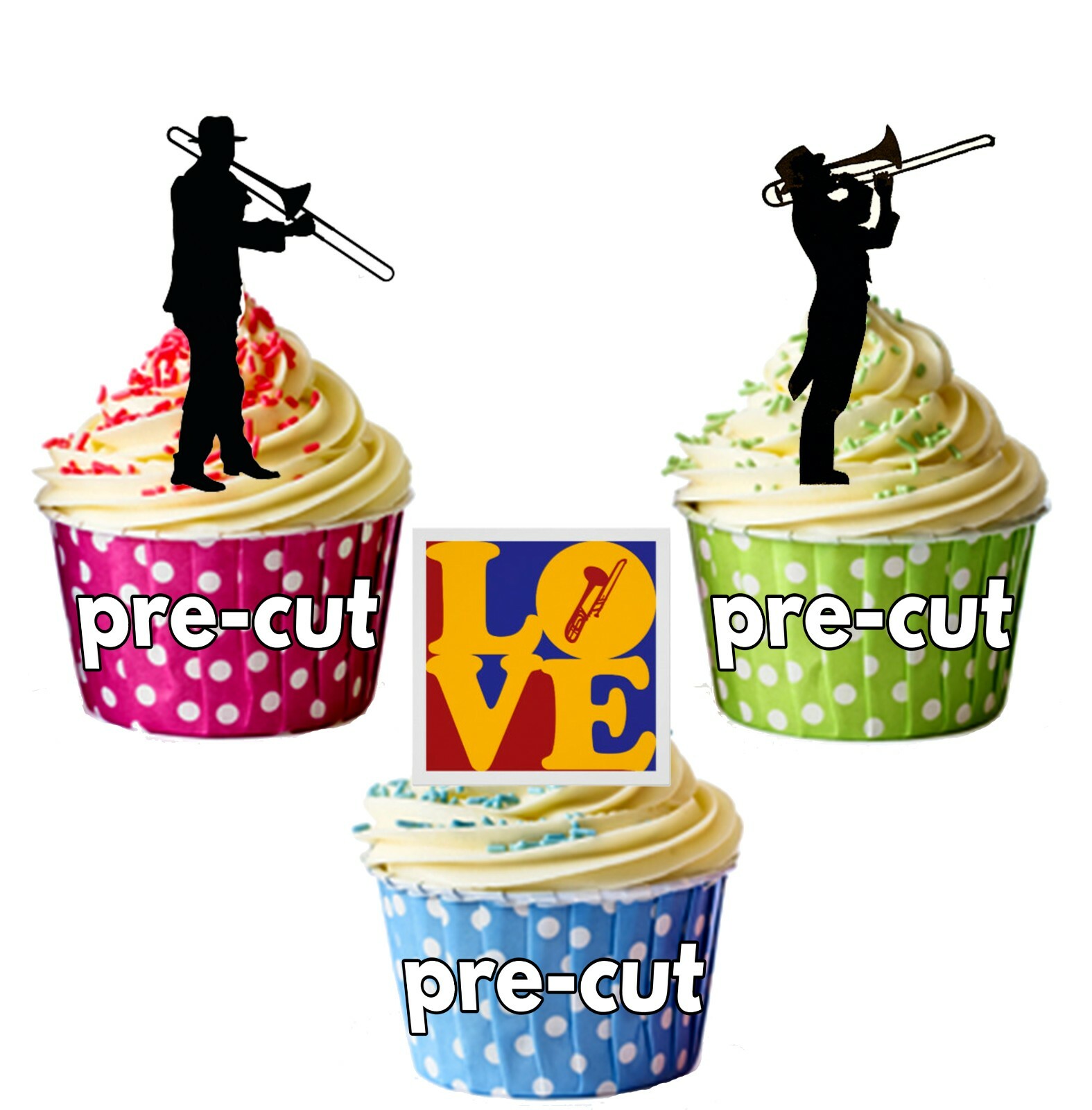 Trombone Blues Jazz PRECUT Edible Cupcake Toppers Cake Decorations