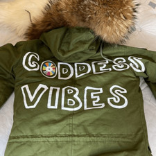Parka Jacket Removable Fur Lined Hooded Good Vibes Patchwork Olive Green Coat