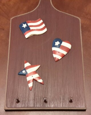 ''HANDMADE'' Wooden Hanging Paddle &w/ Red,White,& Blue Heart,Star,Flag & 3 Hooks