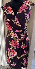 EUC Chaps Women M Purple Pink Floral V Neck Faux Wrap Cocktail Ruffle Dressy