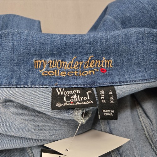 Women With Control Jacket Large Blue Stretch Denim Blazer Shacket My Wonder NEW - Picture 13 of 20