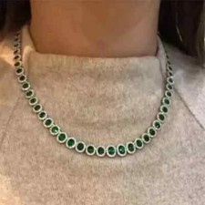 18CT Oval Cut Lab Created Emerald Women's Tennis Necklace 14K Wh Gold Plated 18"