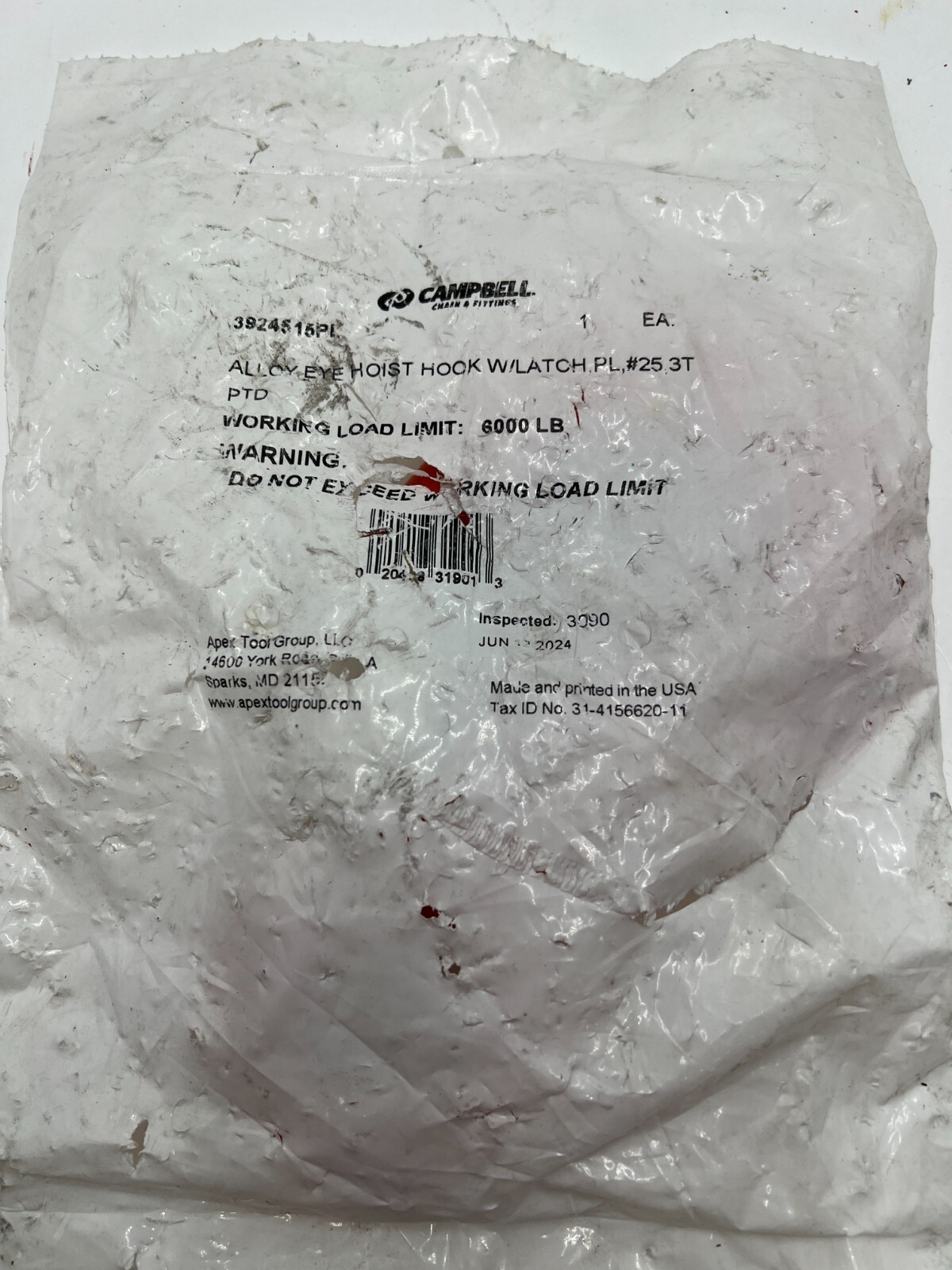 Qty 4 Campbell #25 Alloy Eye Hoist Hook with Latch 3924515PL Load Limit 6000lb