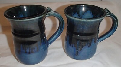 Pair of Handmade Ceramic Black/Blue Coffee/Tea Mugs Studio Art Pottery