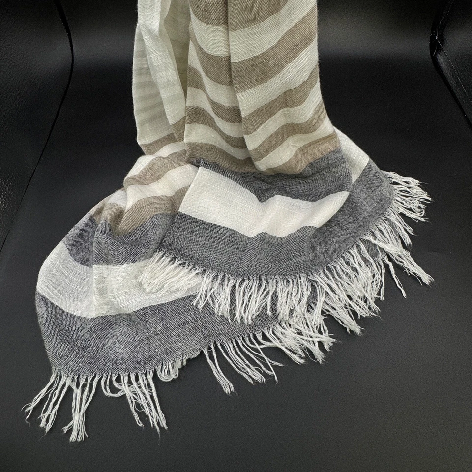 CEJON Woven Fringed Cream Tan Black 100% Rayon Striped Scarf 26" w x 72" l - Image 2 of 4