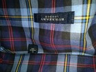 Vtg Burberry London Plaid button up shirt, navy, blue, red, yellow, black, white, Made in USA label on inner collar.