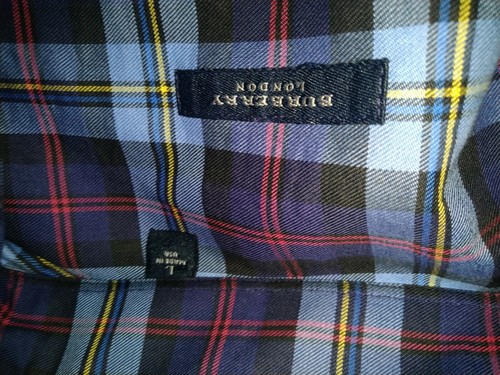 Vtg Burberry London Plaid button up shirt, navy, blue, red, yellow, black, white, Made in USA label on inner collar.
