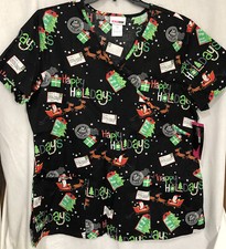 Scrubstar Happy Holidays Christmas V-Neck Scrub 100 Cotton Top -Small - NWT