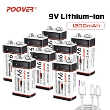 2-8 9Volt Battery Li-ion 1200mAh USB Rechargeable Long Lasting 6LR61 Lithium 9v