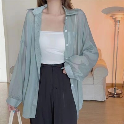 Women's Thin Micro Long Sleeve Coat Sunscreen Shirt Chic Casual Loose Shirt