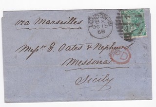 1868 QV 1/ GREEN STAMP (PERFS) PLATE 4 ON LONDON WRAPPER TO MESSINA SICILY