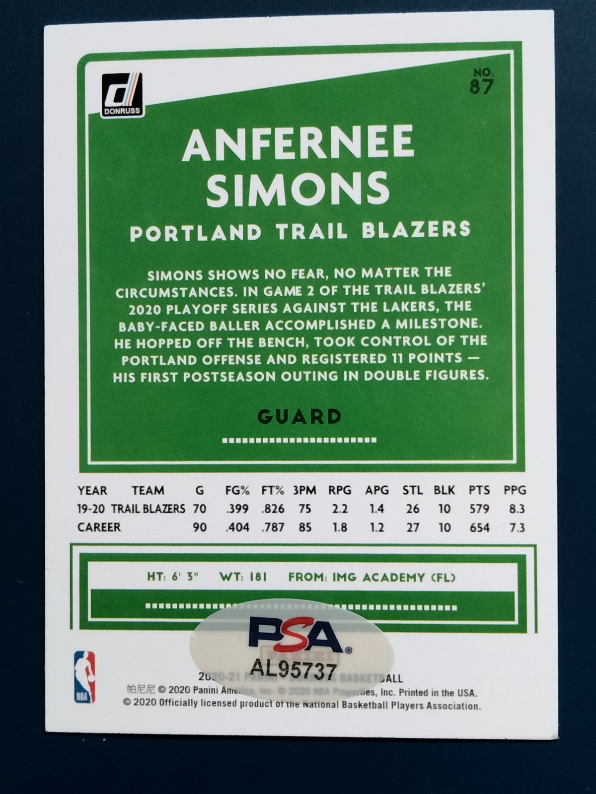 Anfernee Simons Basketball Card Autograph Certified PSA/DNA view 2