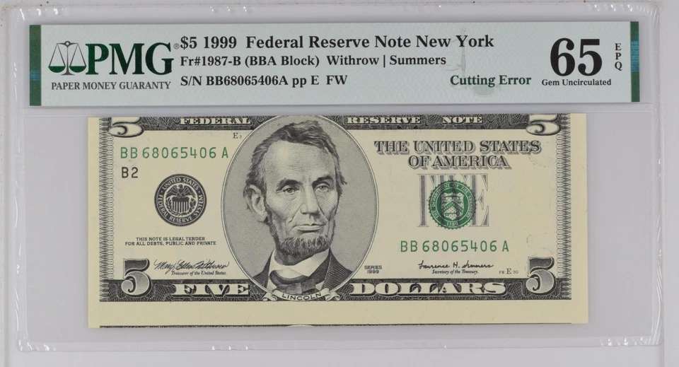 1999 $5 FRN Dollar FR#1987-B - Cutting Error Note - PMG 65 EPQ - Image 3 of 4