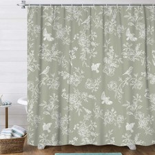 Sage Green Floral Shower Curtain Set, Vintage Cottagecore Floral Botanical Bi...
