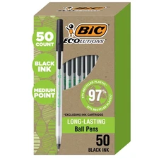 BIC Ecolutions Round Stic Ball Point Pen, Black, 1.0mm Medium Point, 50 Pack