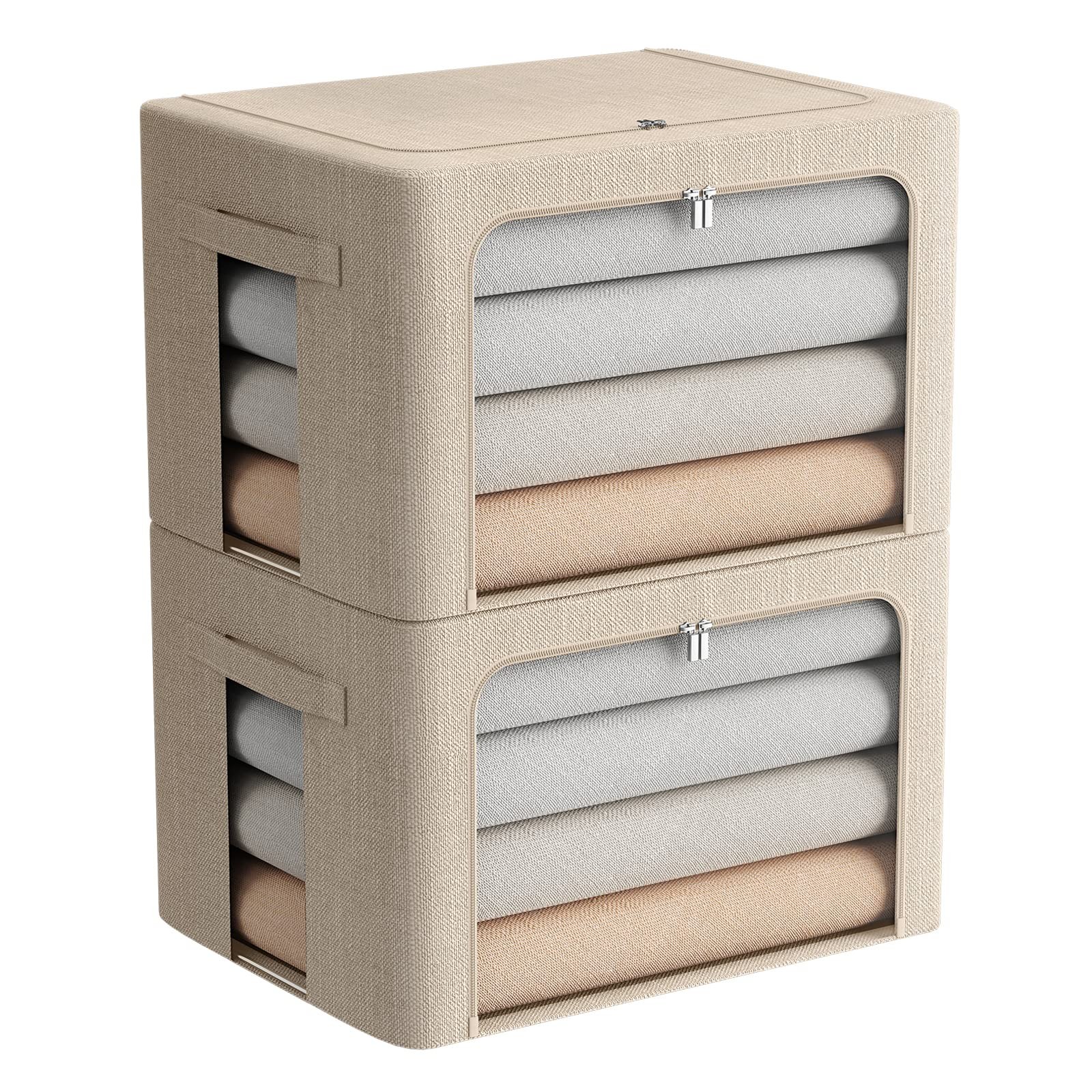 2 Pack Clothes Storage Bins Stackable Metal Frame Storage Box Foldable Linen ...