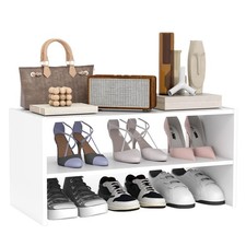 2 Tier Stackable White Shoe Shelf, Freestanding Wooden Shoe Organizer