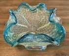 Vintage Murano Art Glass Bollinato Blue & Gold Ashtray Dish Exc L@@K