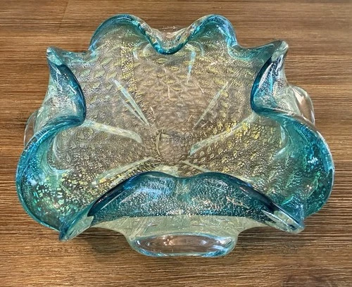 Vintage Murano Art Glass Bollinato Blue & Gold Ashtray Dish Exc L@@K