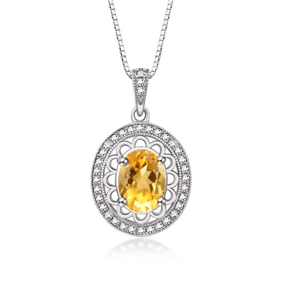 RYLOS CITRINE & DIAMOND GEMSTONE HALO PENDANT NECKLACE 18'' STERLING SILVER