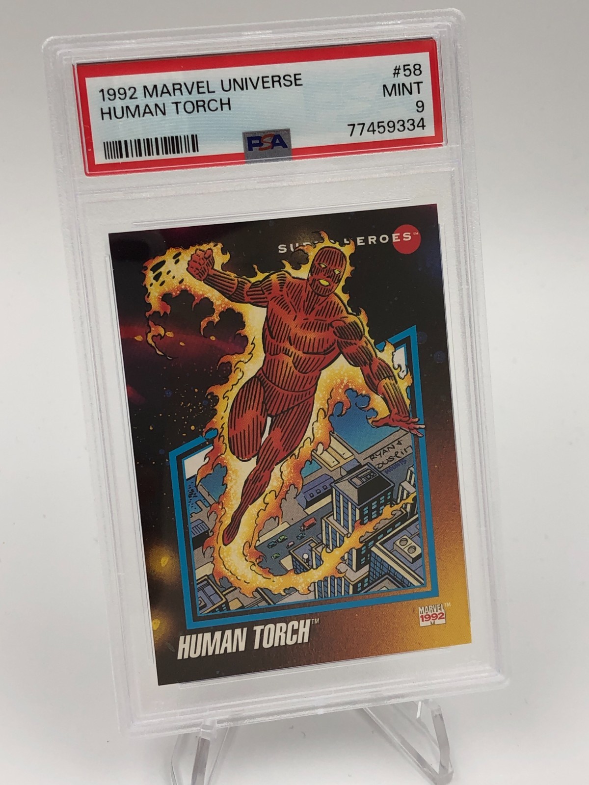 1992 MARVEL UNIVERSE trading card HUMAN TORCH #58 MARVEL MCU graded PSA MINT 9 view 5