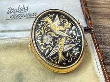Vintage Damascene Pill Box Toledoware Swallow Swift Bird Oval Spanish Gold Tone