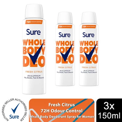 Sure Women Fresh Citrus Whole Body Deodorant Spray Aluminium Free 150ml, 3 Pack