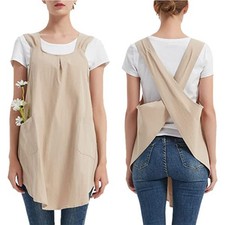 Plain Japanese Cotton Linen Apron Cross Back Pinafore Pockets Kitchen Gardening