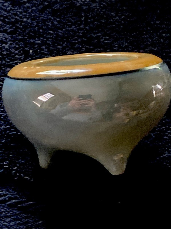 Antique TAKITO Chinoiserie LUSTERWARE Vanity HAIR RECEIVER Peach Blue Footed