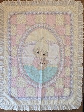 Vintage Precious Moments Pastel Patchwork Baby Crib Quilt Blanket Eyelet Lace