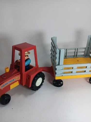Vintage Fisher Price Tractor & Wagon w/ Farmer Figure 1980s Toy Little People