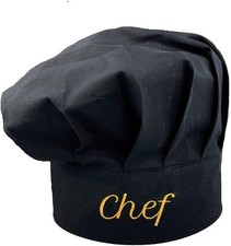 Chef Hat - Embroidered with Chef Lettering, Black White, Male Female Cotton