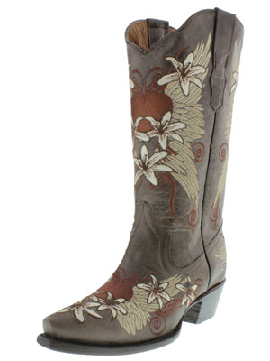 Womens Rodeo Boots Snip Brown Heart Wings Embroidered Dama Mujer Botas Size 5-7