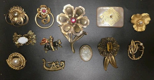 12 ANTIQUE Estate Vintage Costume Jewelry Brooch Lot RARE Mother of Pearl OLD - Picture 2 of 9