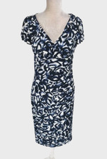 LAUREN RALPH LAUREN Womens Faux Wrap Dress Size 12 Blue White V-Neck Cap SL 205P
