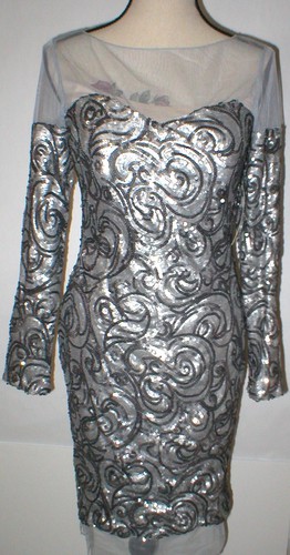 Abito da cocktail nuovo con etichette designer argento Badgley Mischka donna 2 paillettes metalliche