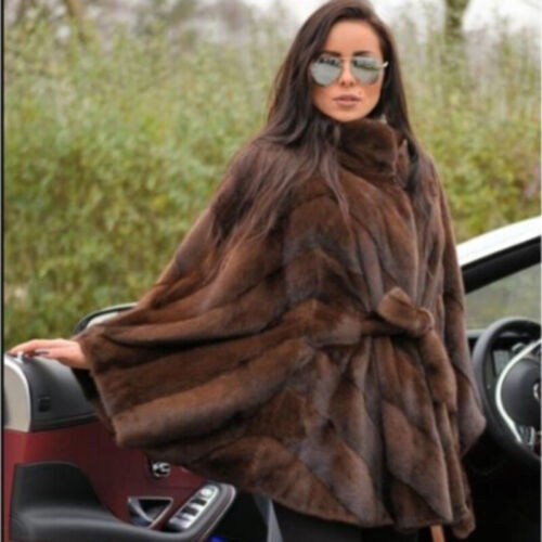 Elegant Real Mink Fur Coat Belted Bat-Sleeve Cape Jacket Women Full Pelt Outcoat