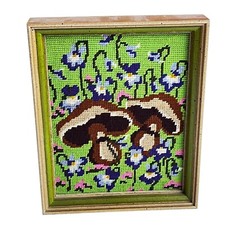 Vtg Mushroom & Colorful Flowers Needlepoint Green Background Framed 1974 N101