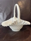 Vintage Fenton Hobnail Large Milk Glass Basket Ruffled Edges And Crimped Handle