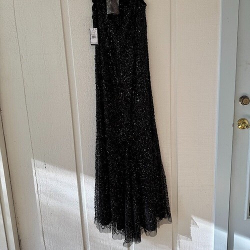 ADRIANNA PAPELL Beaded Off The Shoulder Gown (size 14) Black Some Stretch - Picture 8 of 8