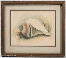 Vintage Naive Painting by S. Keesler of Ocean Sea Shell on Beach, Framed