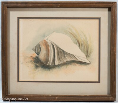 Vintage Naive Painting by S. Keesler of Ocean Sea Shell on Beach, Framed