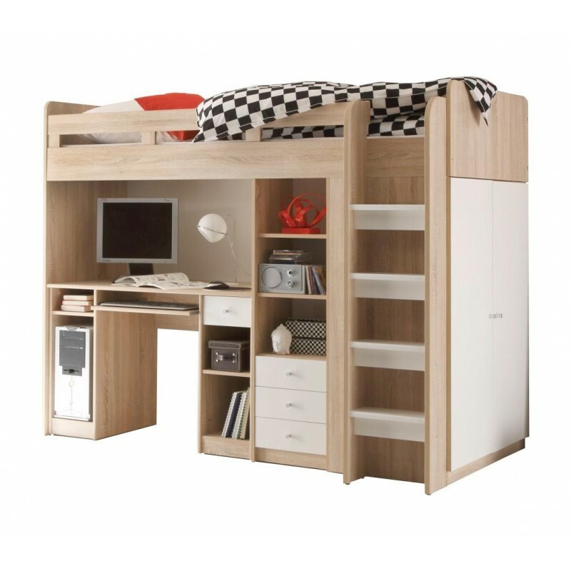 Letto a soppalco con scrivania, scaffale e armadio incorporati - ULLA