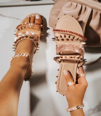 New Women's Bling Rhinestone Spike Studded Gladiator Slide Sandal Flat Flip Flop