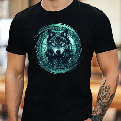 Mens Celtic Tribal Wolf Motif Cotton T-Shirt Size XS to 5XL