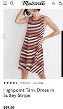 Women’s Madewell Highpoint Tank Striped Dress Sulley Stripe Sz S Small