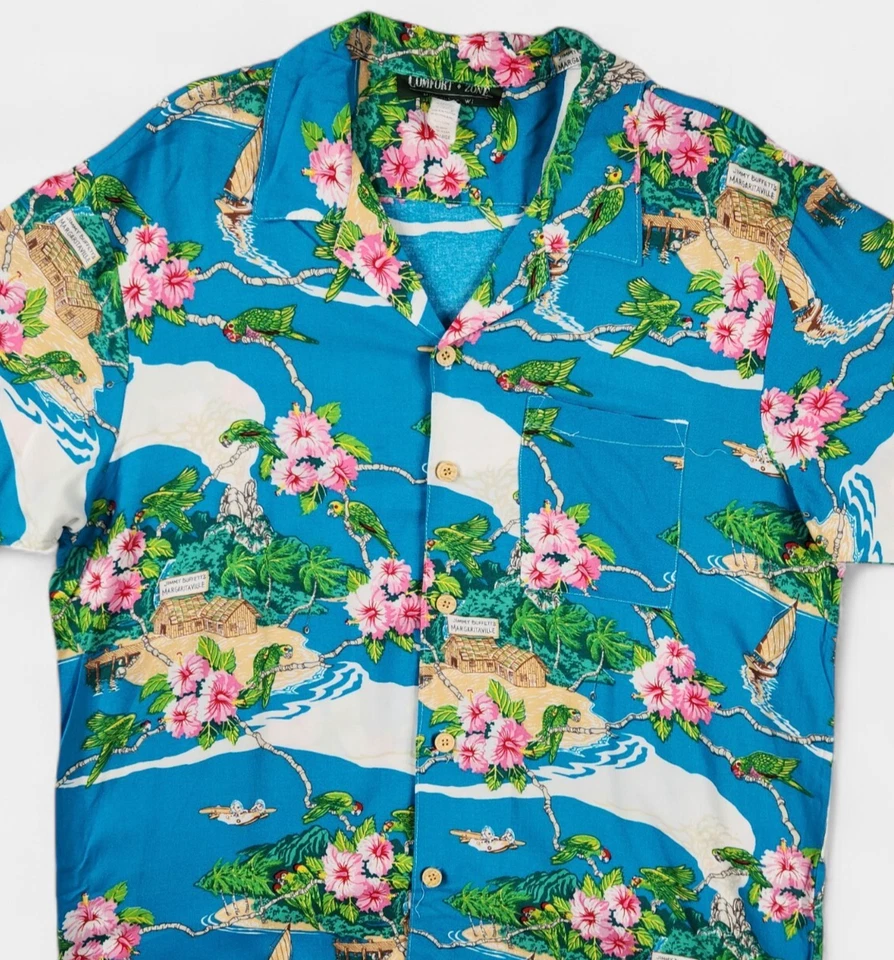 Camisa Hawaiana Jimmy Buffet's Margaritaville Para Hombre Extra Grande Azul Isla Rayón Foto 3 de 4