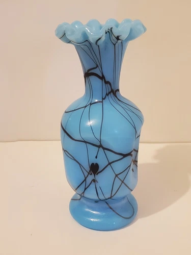 FENTON ART GLASS ~ROBERT BARBER TURQUOISE HANGING HEARTS CRIMPED 7" VASE 1976 