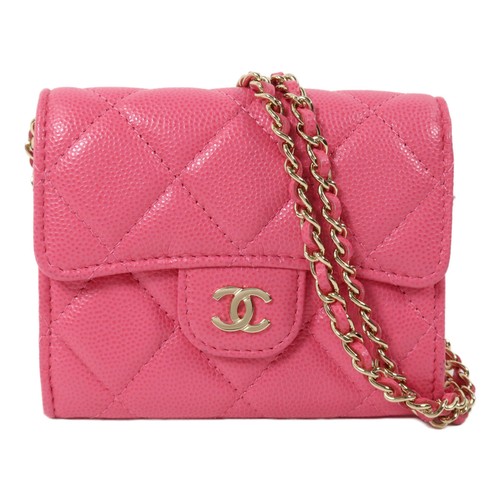 CHANEL CC GHW Quiled Flap Card Holder On Chain Bag AP0238 Calfskin Leather Pink